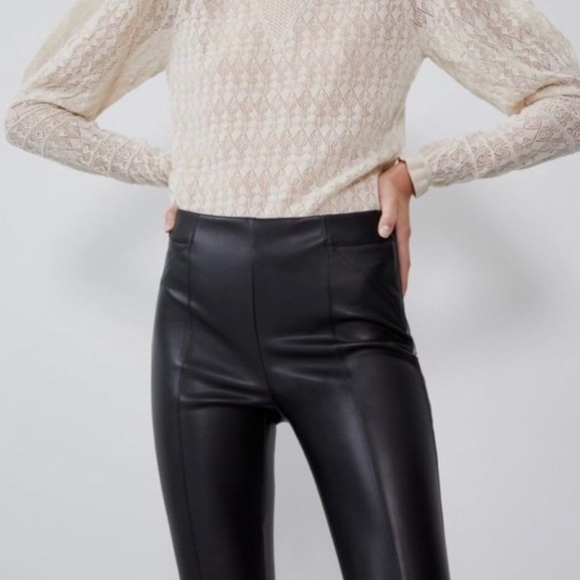 Zara Faux Leather Leggings Skinny Pants Ankle Zip - Picture 2 of 8